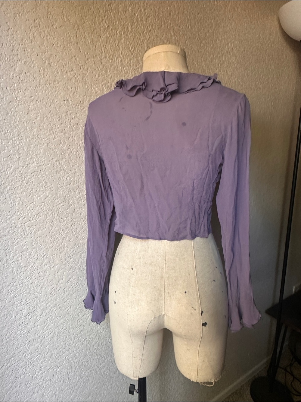 Ruffled Long-Sleeve V-Neck Blouse - Purple - Picture 3 of 7